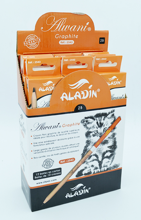 présentoir de 12 boites de 12 crayons noir 2B aladin alwani graphite 2543