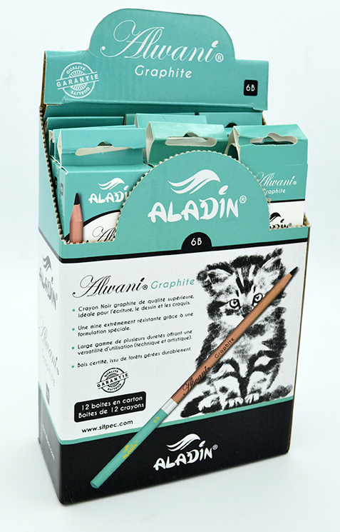 présentoir de 12 boites de 12 crayons noir 6B aladin alwani graphite 2545