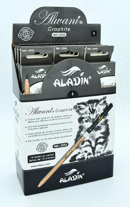 présentoir de 12 boites de 12 crayons noir B aladin alwani graphite 2542
